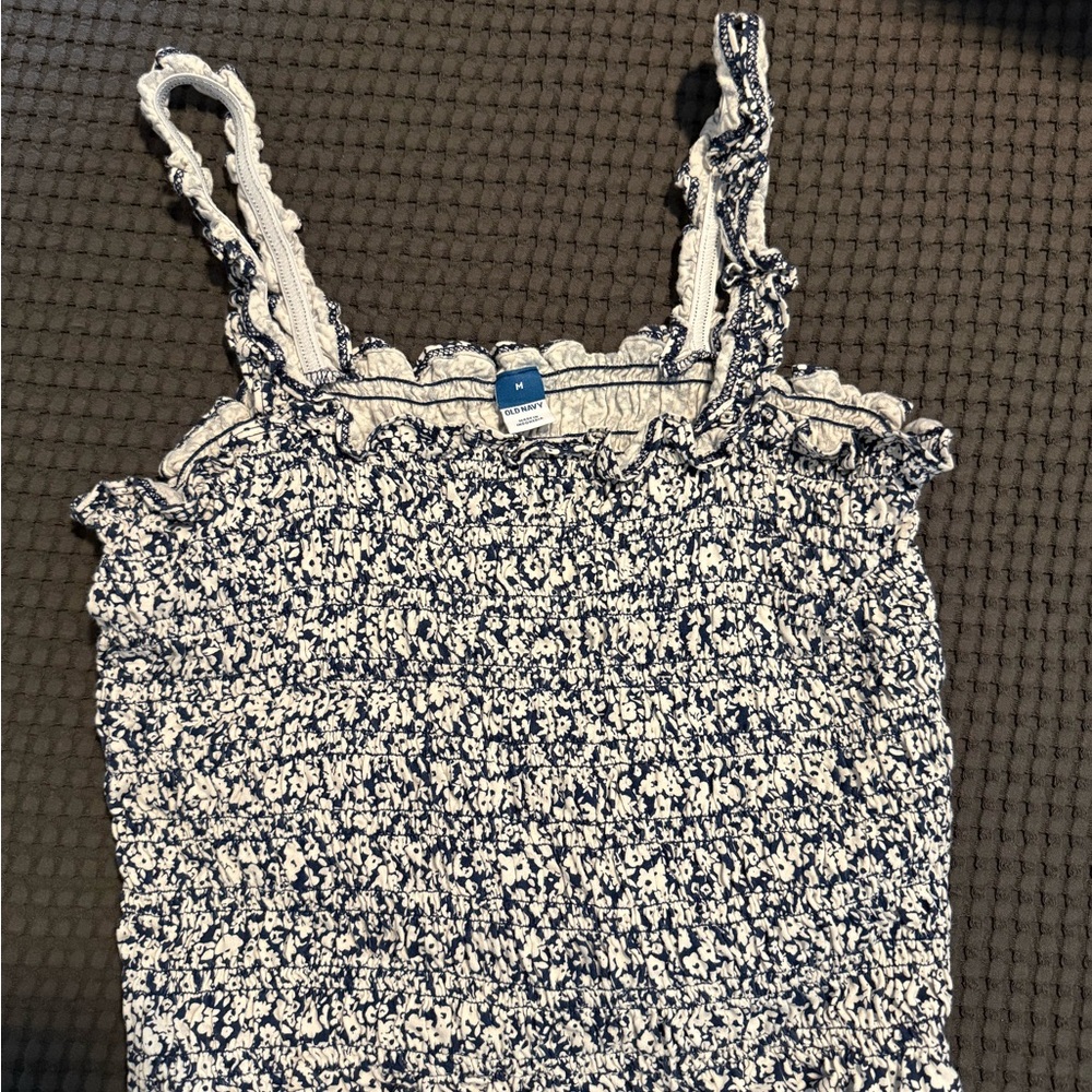 Old Navy Blue and White Ruffled Top